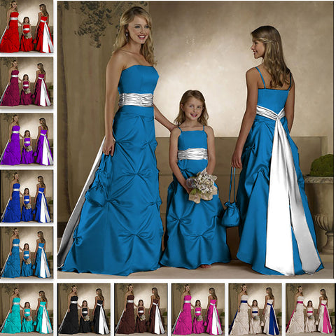 floor length aqua blue satin flower giirl dresses and junior bridesmaid dresses with long sash belt