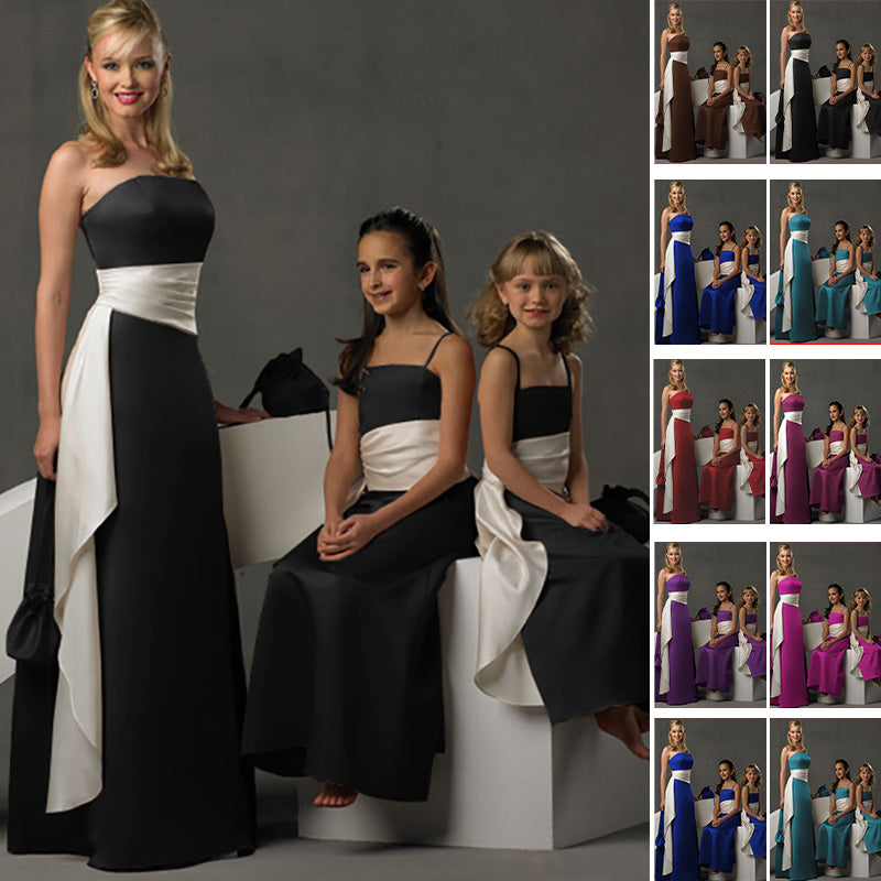 floor length black satin flower girl dresses and junior bridesmaid dresses with long sash belt