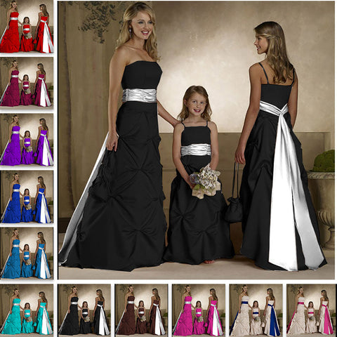 floor length black satin flower giirl dresses and junior bridesmaid dresses with long sash belt