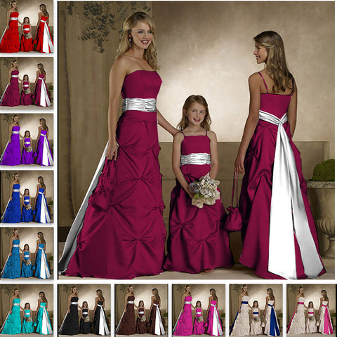 floor length burgundy satin flower giirl dresses and junior bridesmaid dresses with long sash belt