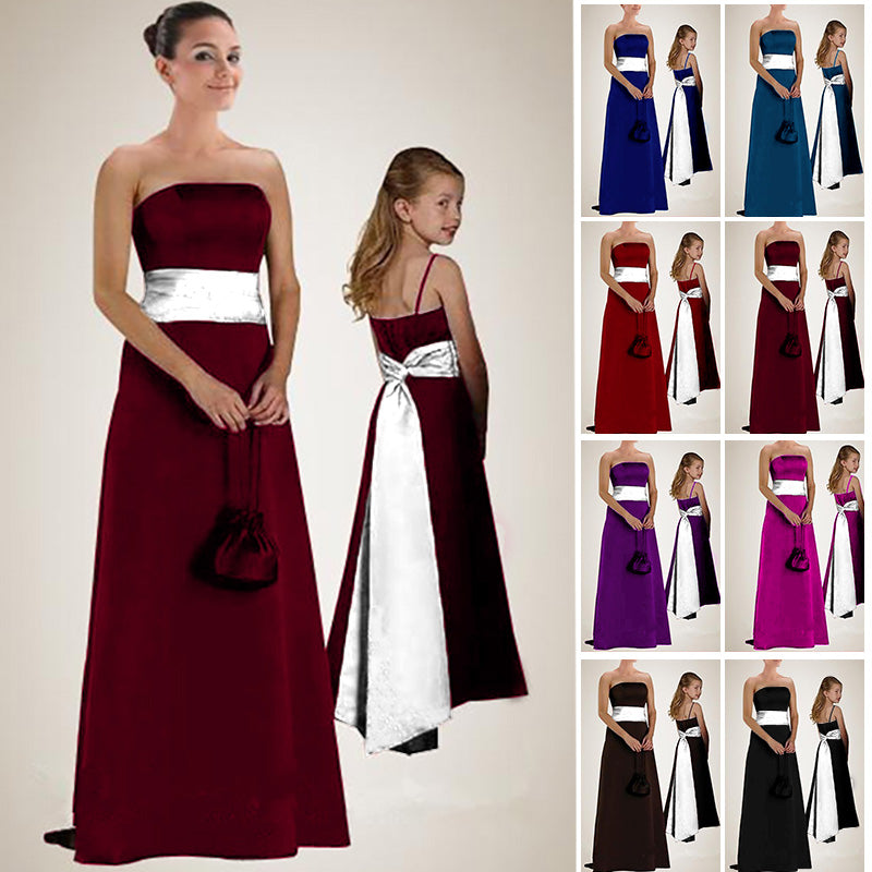 floor length burgundy satin flower girl dresses and girls bridesmaid dresses with long sash belt