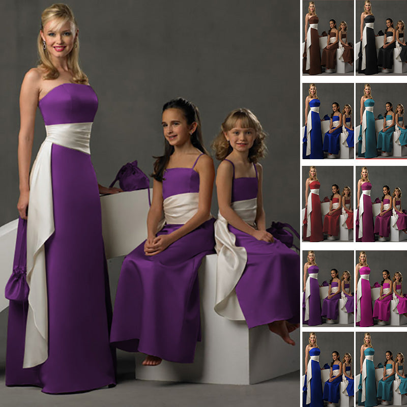 floor length purple satin flower girl dresses and junior bridesmaid dresses with long sash belt
