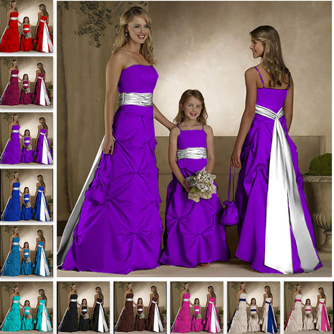 floor length purple satin flower giirl dresses and junior bridesmaid dresses with long sash belt