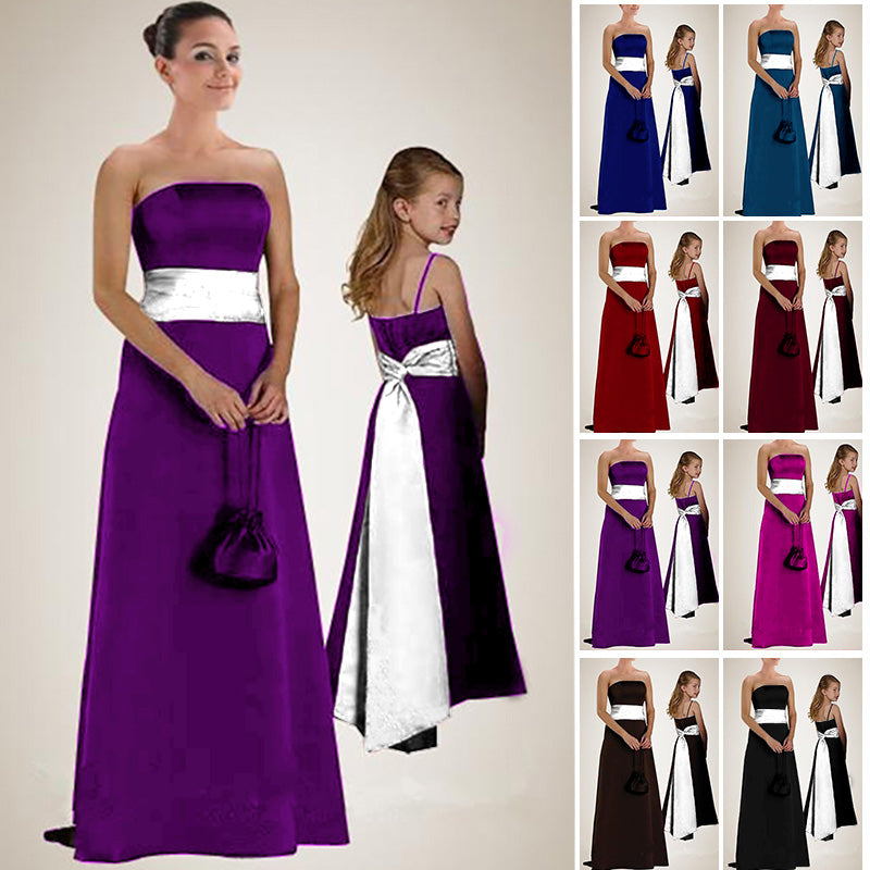 floor length purple satin flower girl dresses and girls bridesmaid dresses with long sash belt