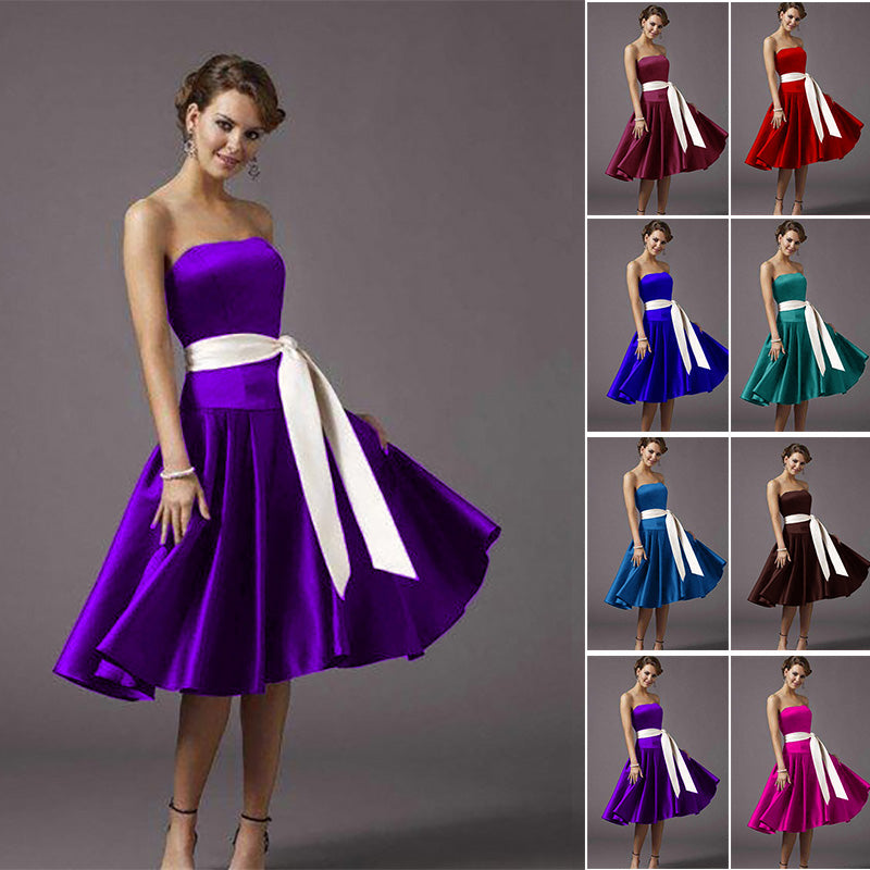 tea length purple satin flower girl dresses and junior bridesmaid dresses with long sash belt