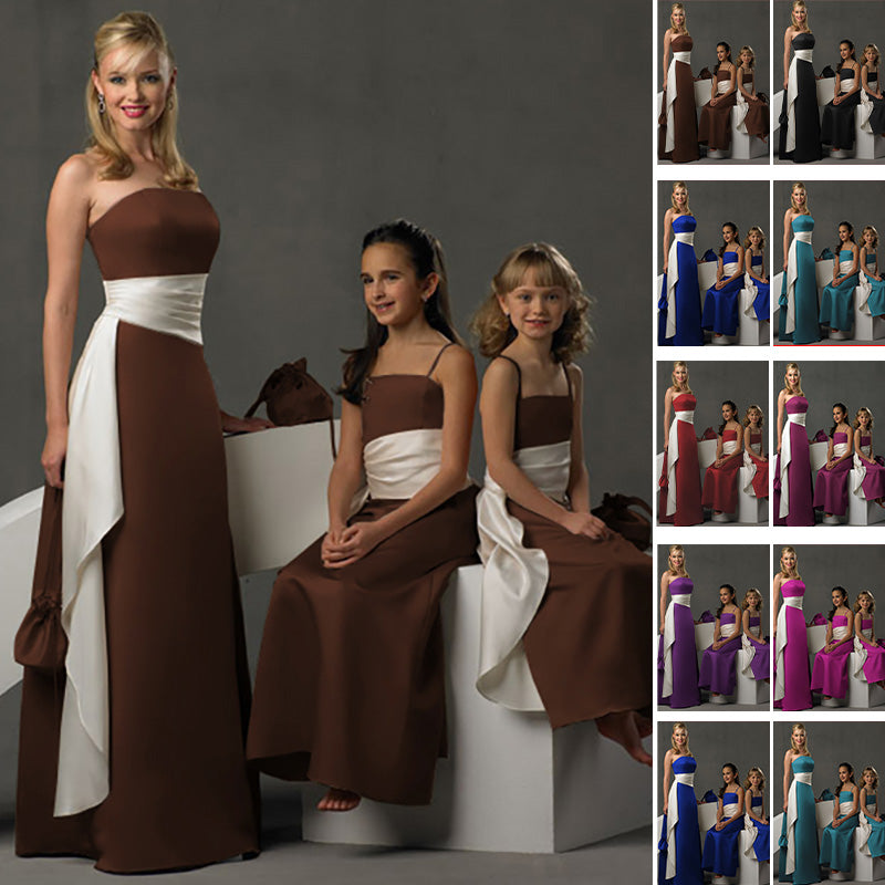 floor length brown satin flower girl dresses and junior bridesmaid dresses with long sash belt