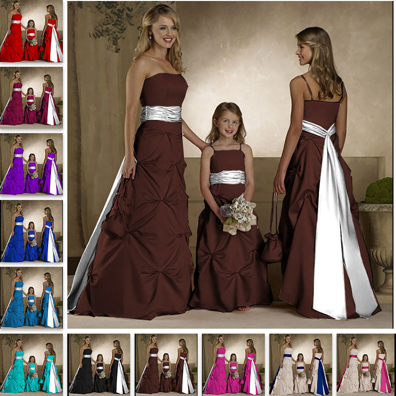 floor length brown satin flower giirl dresses and junior bridesmaid dresses with long sash belt