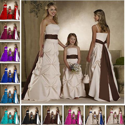 floor length ivory satin flower giirl dresses and junior bridesmaid dresses with long sash belt