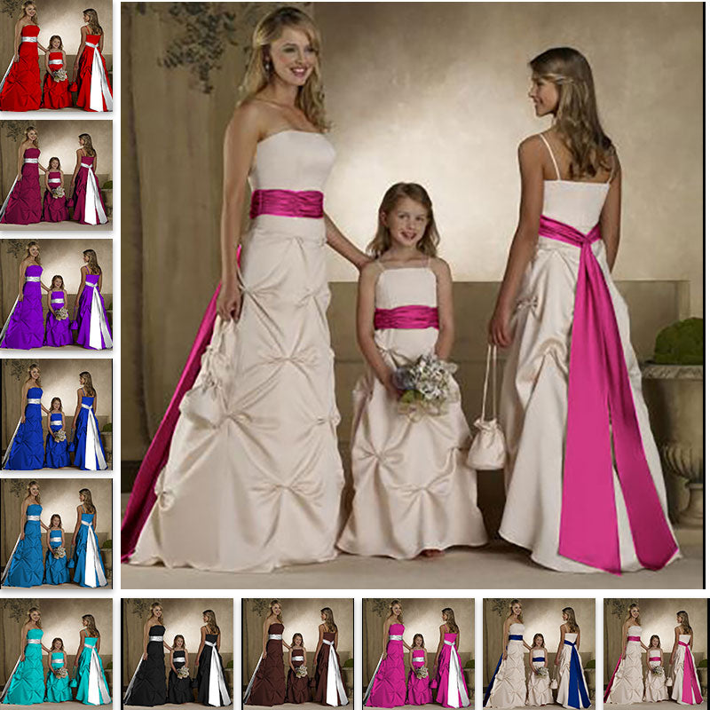 floor length ivory satin flower giirl dresses and junior bridesmaid dresses with long sash belt