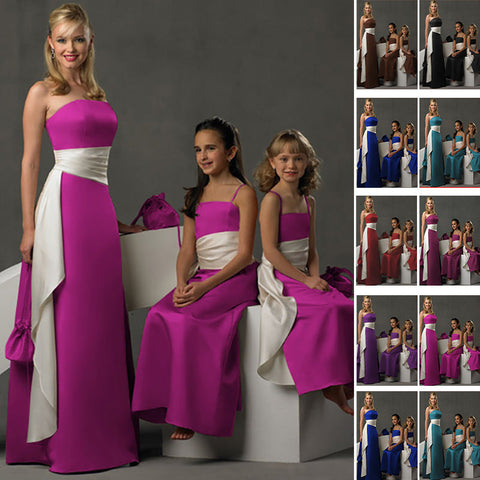 floor length pink satin flower girl dresses and junior bridesmaid dresses with long sash belt