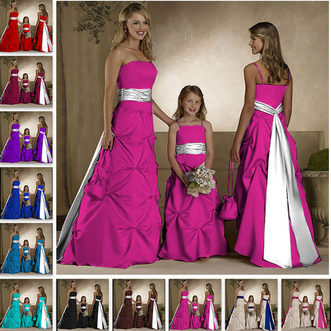 floor length pink satin flower giirl dresses and junior bridesmaid dresses with long sash belt