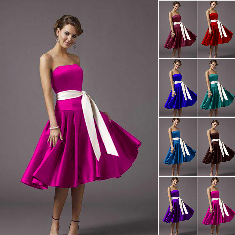 tea length pink satin flower girl dresses and junior bridesmaid dresses with long sash belt