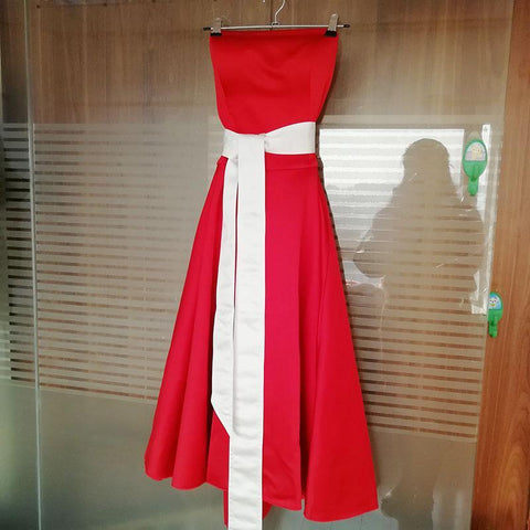 short red satin spaghetti straps girls bridesmaid dresses with sash belt