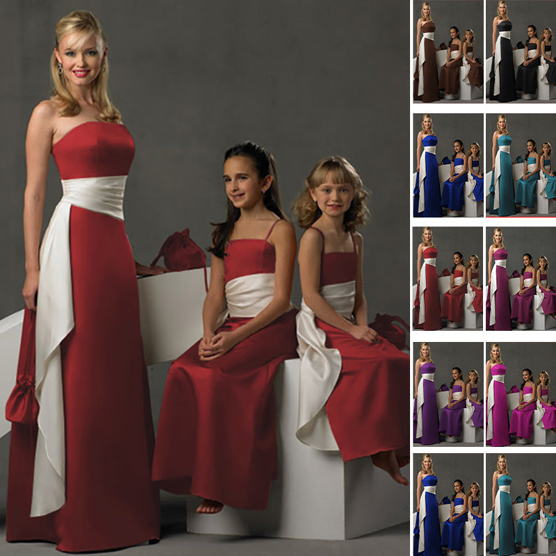 floor length red satin flower girl dresses and junior bridesmaid dresses with long sash belt
