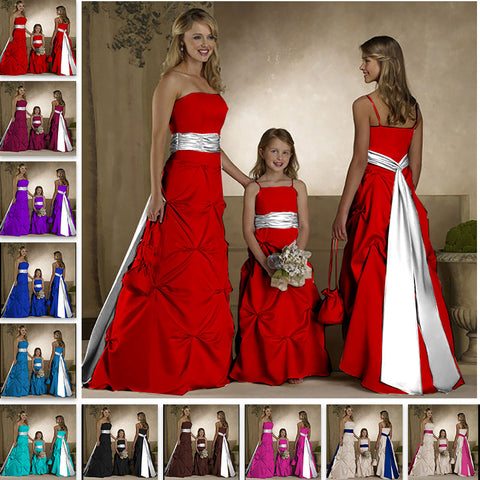 floor length red satin flower giirl dresses and junior bridesmaid dresses with long sash belt
