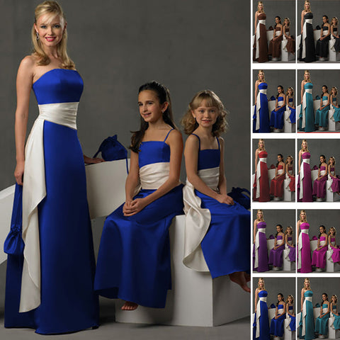 floor length royal blue satin flower girl dresses and junior bridesmaid dresses with long sash belt