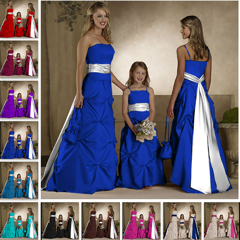 floor length royal blue satin flower giirl dresses and junior bridesmaid dresses with long sash belt
