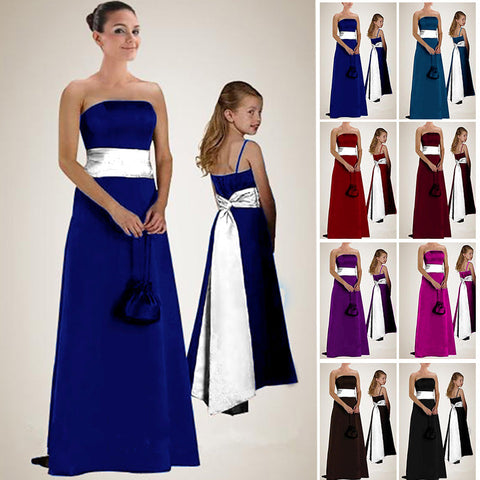 floor length royal blue satin flower girl dresses and girls bridesmaid dresses with long sash belt