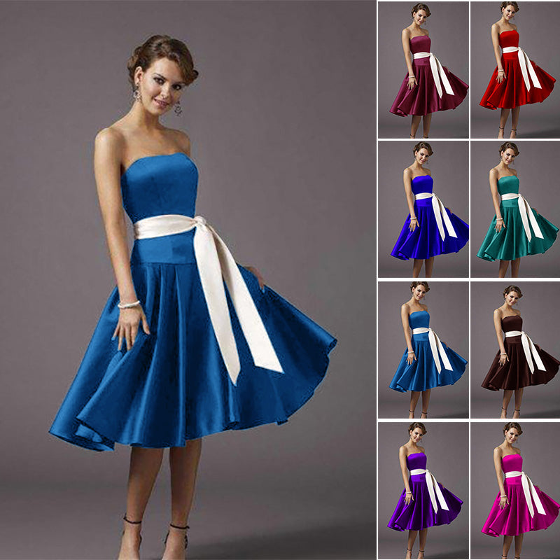 tea length aqua blue satin flower girl dresses and junior bridesmaid dresses with long sash belt