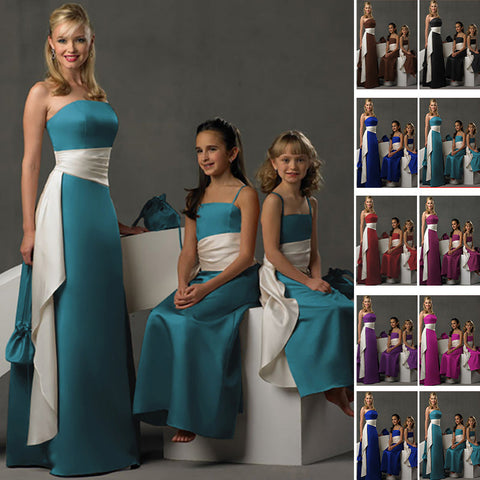 floor length aqua blue satin flower girl dresses and junior bridesmaid dresses with long sash belt