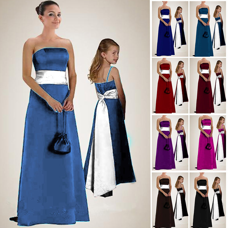 floor length aqua blue satin flower girl dresses and girls bridesmaid dresses with long sash belt