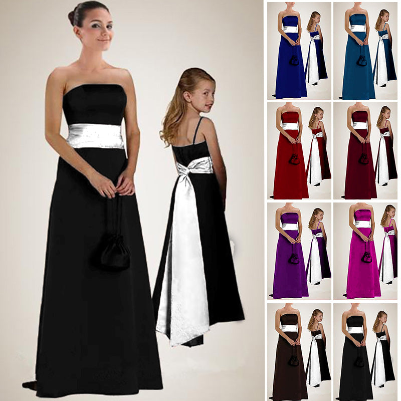 Quality A-line Satin Strapless Corset Boned Floor-Length Bridesmaid Dresses with long sash belt & wide waist band 0050-Black