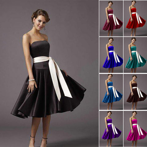 Quality A-line Satin Strapless Corset Boned Tea-Length Bridesmaid Dresses with Long Sash Belt 0127-Black