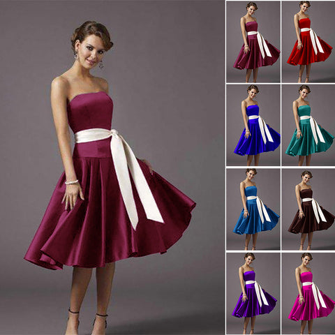 Quality A-line Satin Strapless Corset Boned Tea-Length Bridesmaid Dresses with Long Sash Belt 0127-Burgundy