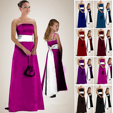 Quality A-line Satin Strapless Corset Boned Floor-Length Bridesmaid Dresses with long sash belt & wide waist band 0050-Fuchsia Pink