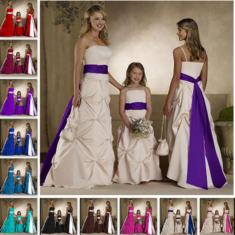 Quality Long Satin Strapless A-Line Formal Bridesmaid Dresses Evening Gowns  with Sashes and Underskirt for Wedding 0179