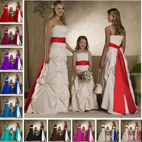 Quality Long Satin Strapless A-Line Formal Bridesmaid Dresses Evening Gowns  with Sashes and Underskirt for Wedding 0179