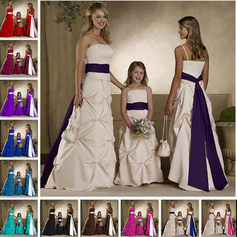 Ivory Elegant Long Satin Straps A-Line Formal Flower Girl Dress Bridesmaid Dresses Evening Gowns  with Sashes and Underskirt for Wedding 0179