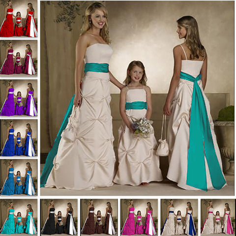 Stunning Long Satin Straps A-Line Formal Flower Girl Dress Bridesmaid Dresses Evening Gowns  with Sashes and Underskirt for Wedding  0179