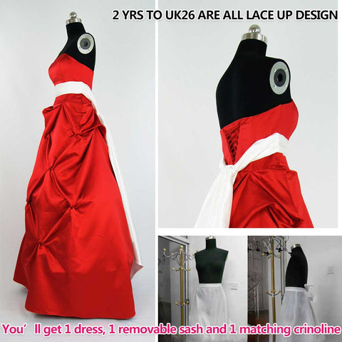 Quality A-line Satin Strapless Corset Boned Floor-Length Bridesmaid Dresses with long sash belt and crinoline 0179-