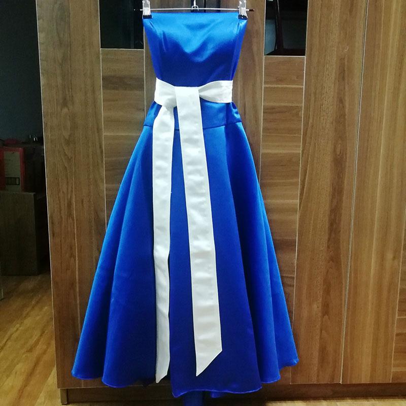 Quality A-line Satin Strapless Corset Boned Tea-Length Bridesmaid Dresses with Long Sash Belt 0127-