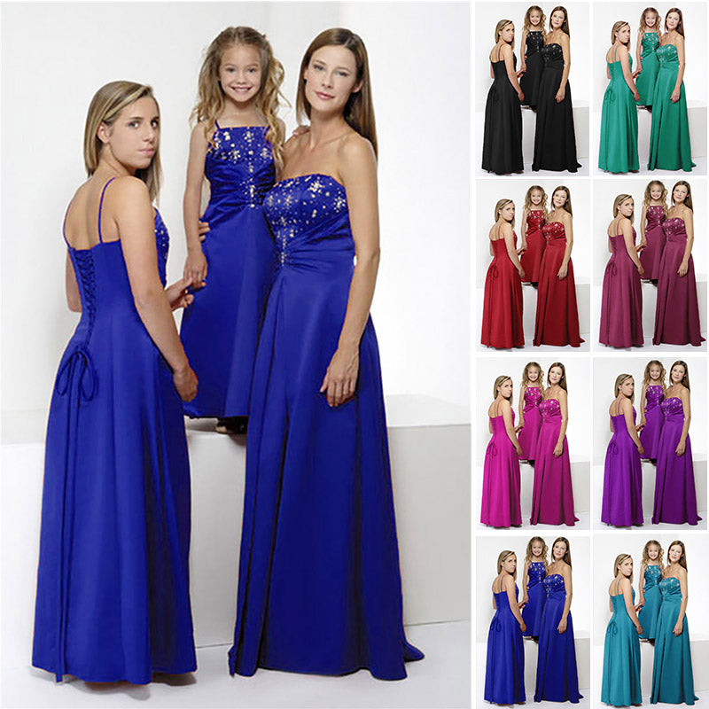 Quality A-line Satin Strapless Corest Boned Floor-Length Long Beaded Bridesmaid Dresses 0154 100% Hand Emroidery-Royal blue