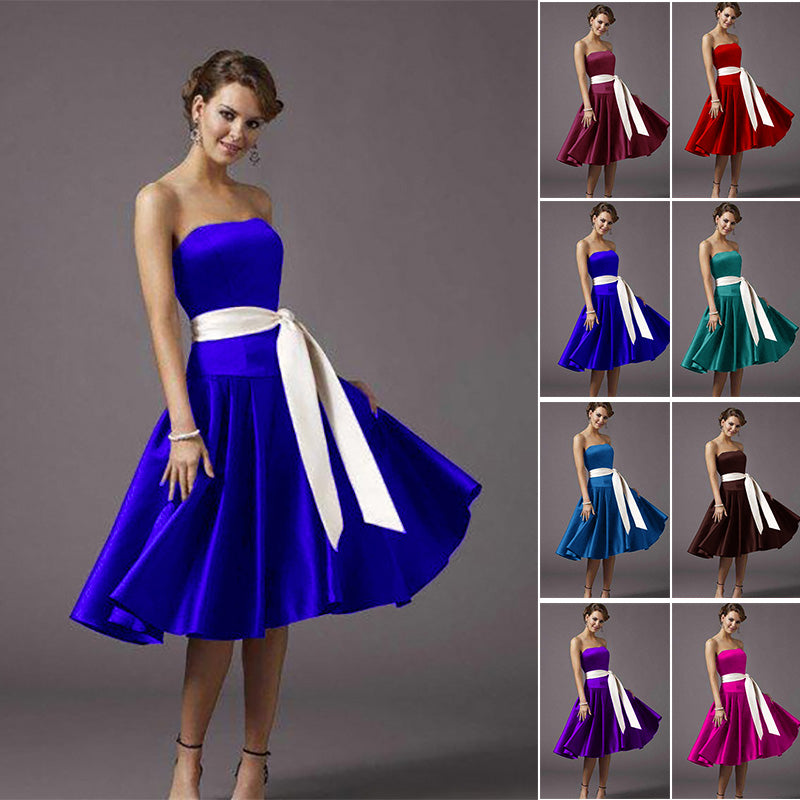 Quality A-line Satin Strapless Corset Boned Tea-Length Bridesmaid Dresses with Long Sash Belt 0127-Royal blue