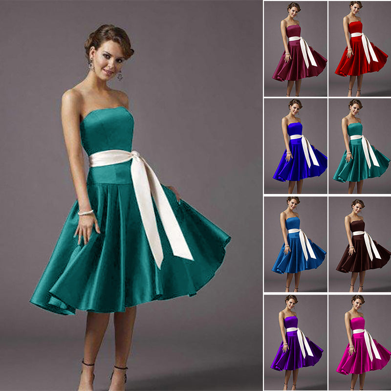 Quality A-line Satin Strapless Corset Boned Tea-Length Bridesmaid Dresses with Long Sash Belt 0127-Spa | Teal