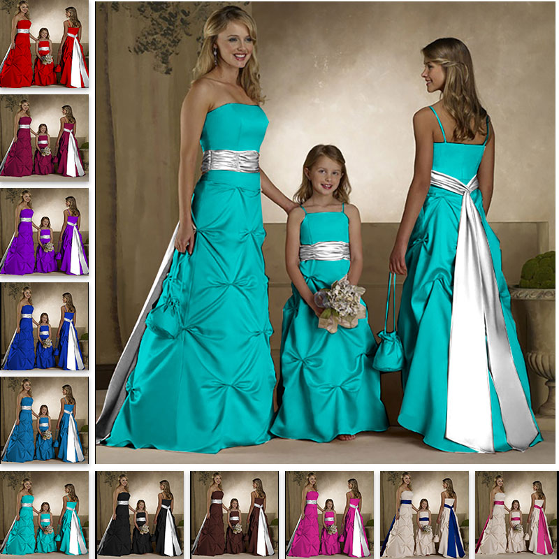 Stunning Long Satin Strapless A-Line Formal Bridesmaid Dresses Evening Gowns with Sashes and Underskirt for Wedding 0179