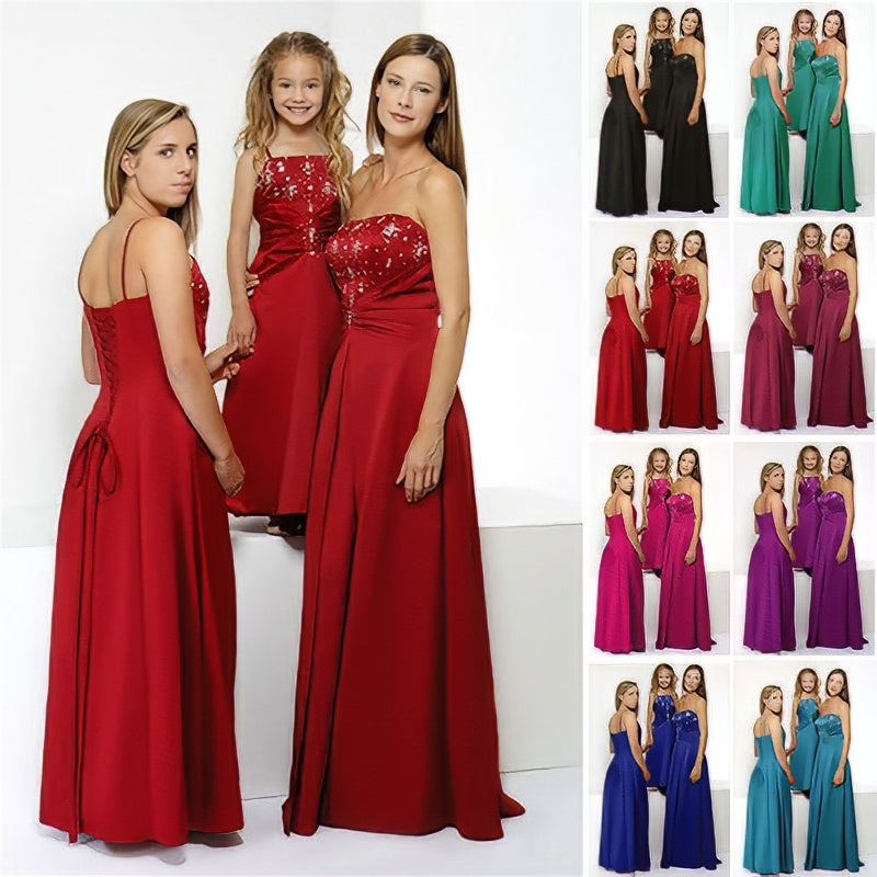 Full length long ed satin corset a-line bridesmaid dress,  boned and built-in bra, 3 models in same style, strapless for women, spaghetti for girls, multi-colour