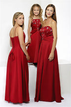 3 models wearing the same full length long red satin corset a-line bridesmaid dress with sequin detail, shown in strapless and spaghetti strap styles, multi-colour options