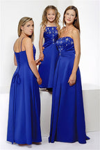 3 models wearing the same full length long royal blue satin corset a-line bridesmaid dress with sequin detail, shown in strapless and spaghetti strap styles, multi-colour options