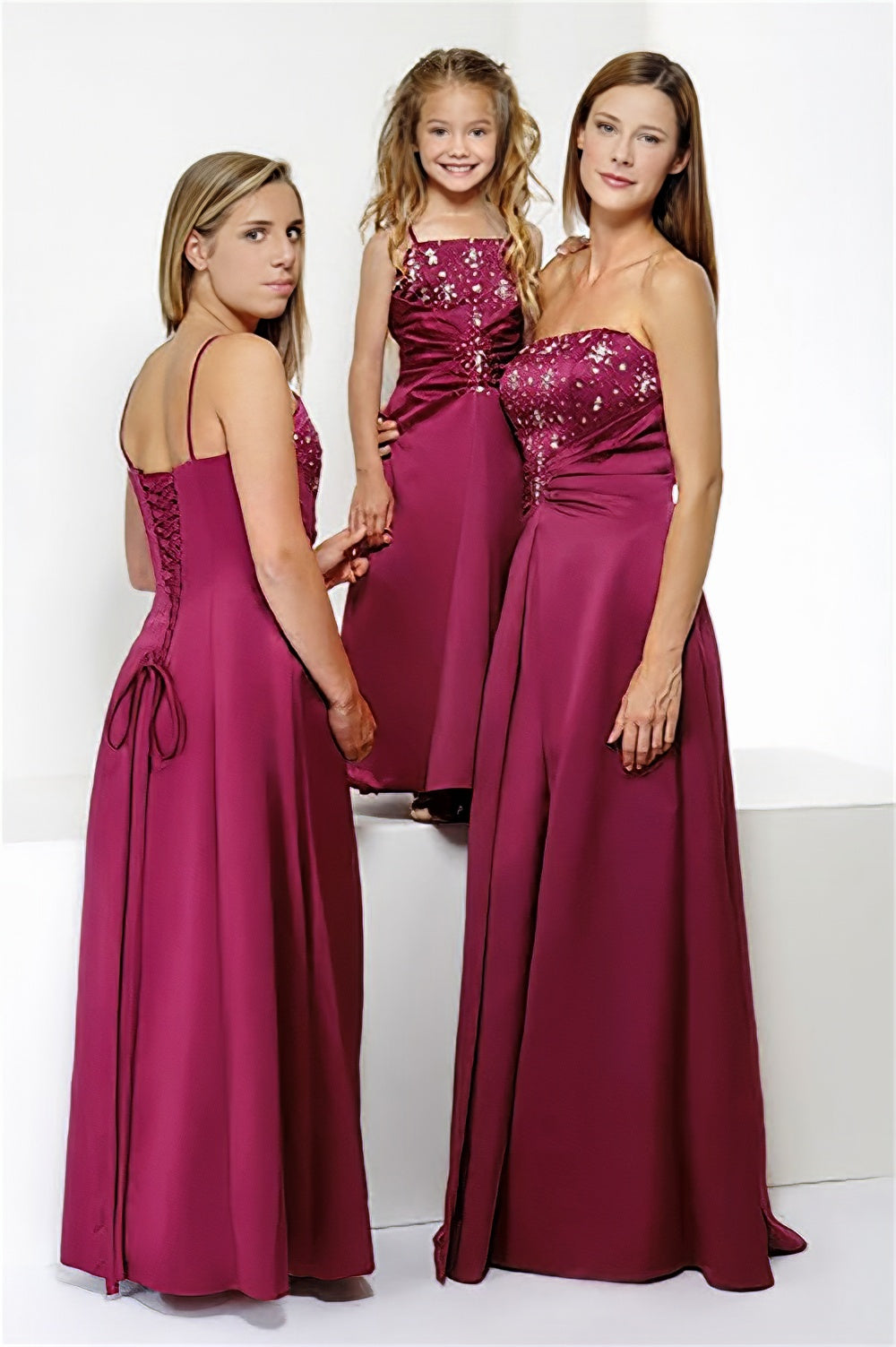 Floor length long burgundy satin corset bridesmaid dress, 3 models in same style, strapless for women, spaghetti straps for girls, multi-colour