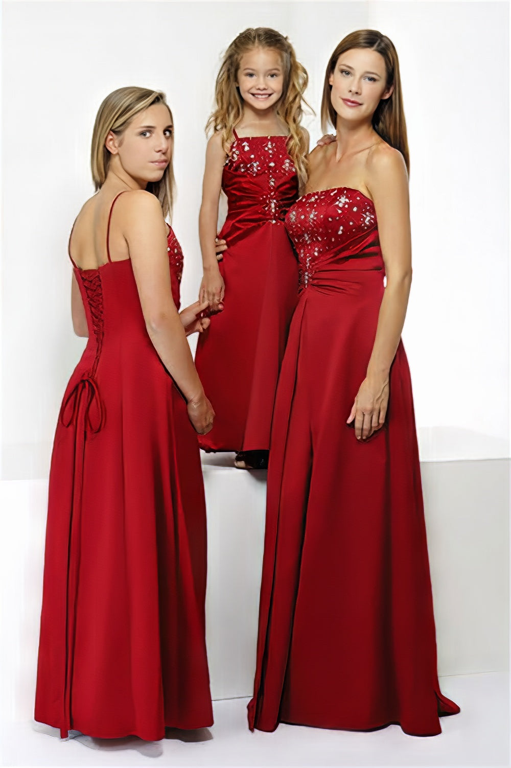 Floor length long red satin corset a-line bridesmaid dress,  boned and built-in bra, 3 models in same style, strapless for women, spaghetti for girls, multi-colour