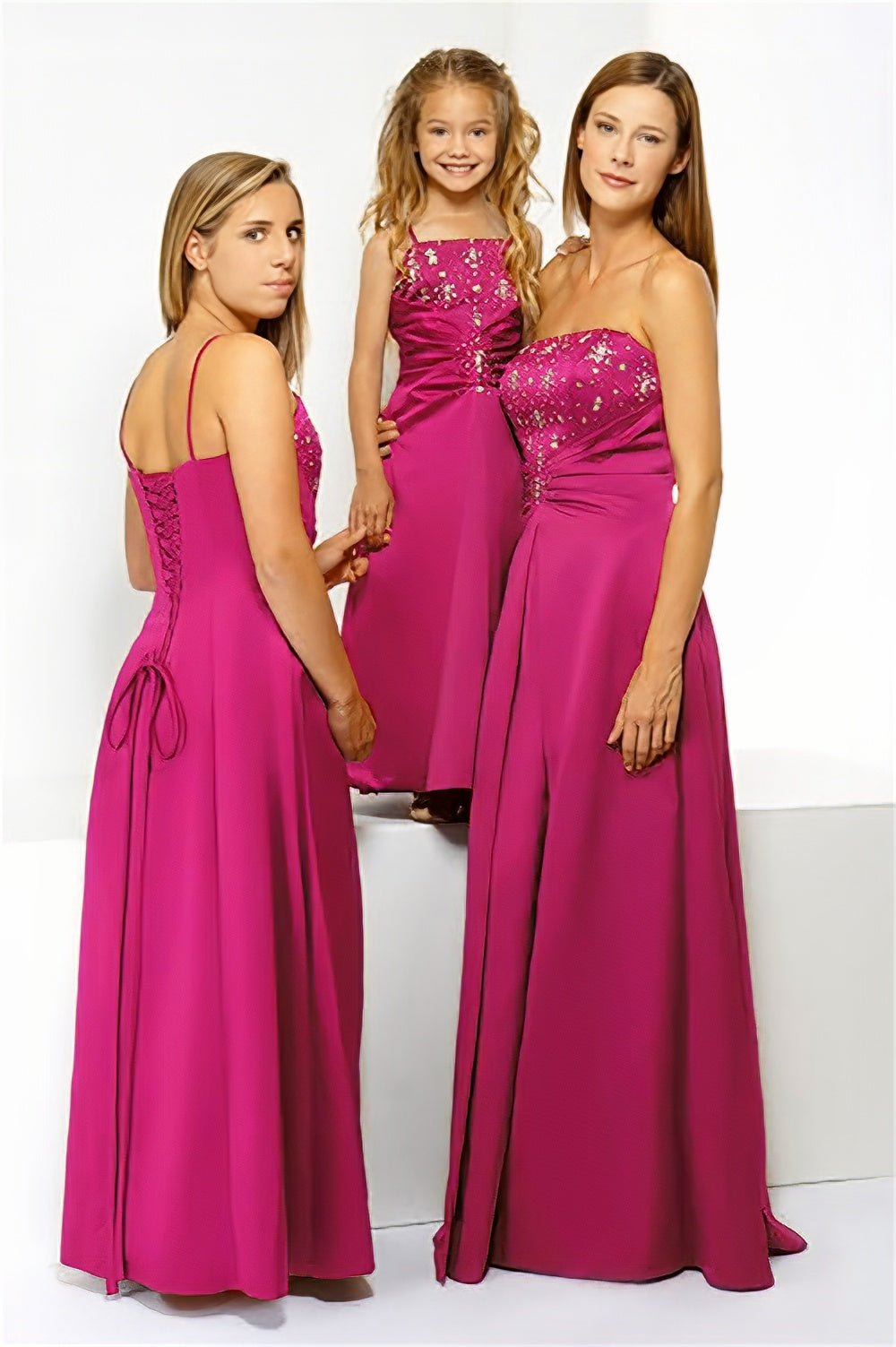 Floor length long satin pink a-line corset bridesmaid dress, boned, built in bra, 3 models in same dress, strapless for women, spaghetti for girls, multi-colour