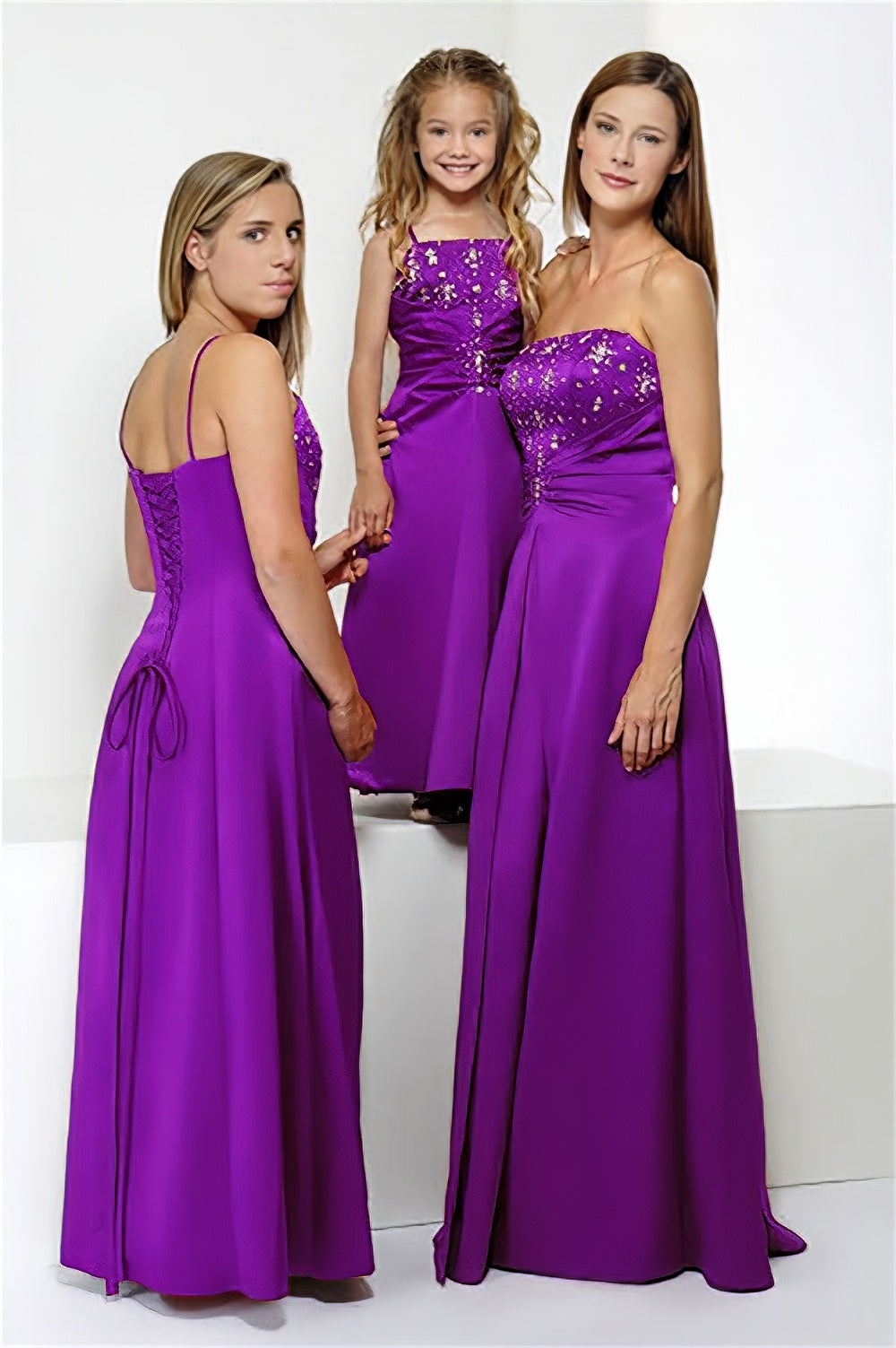 Floor length long  purple satin bridesmaid dress, sequin detail, corset back, 3 models in same style, strapless for women, spaghetti for girls, multi-colour