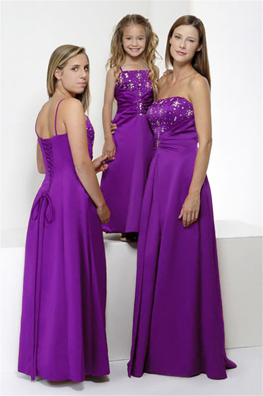 Purple full-length bridesmaid dress style 0154 with A-line silhouette and corset bodice, modeled by adult, teen, and child for formal events.