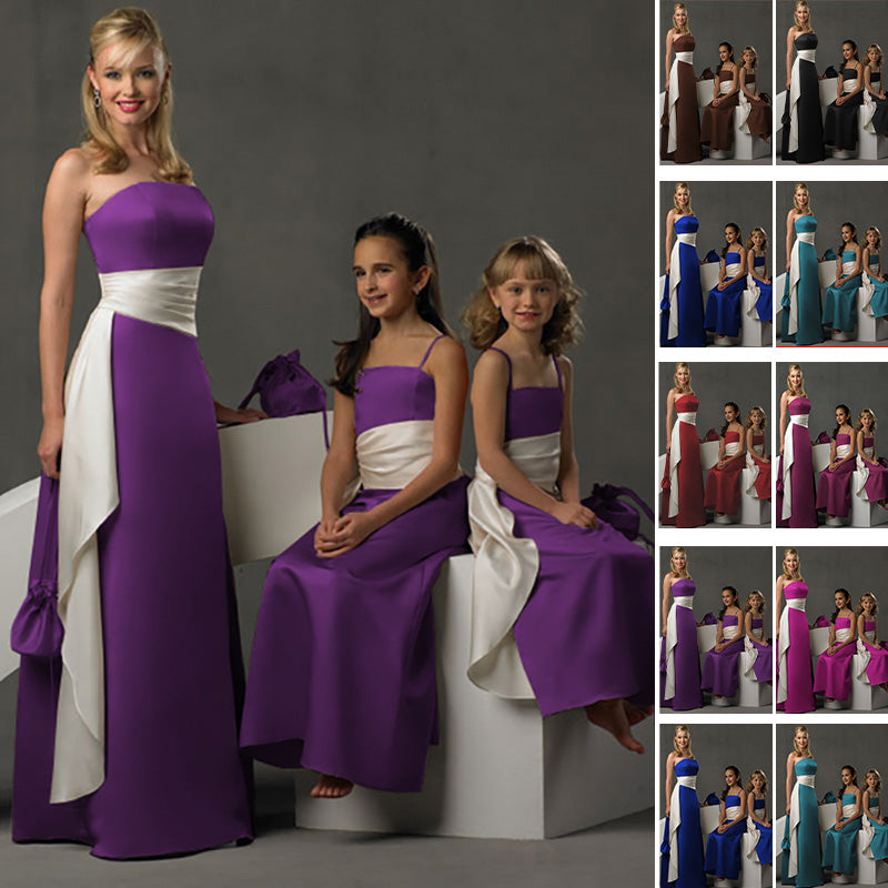 Stunning Long Satin Straps A Line Formal Flower Girl Dress Bridesmaid