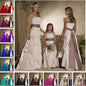 floor length ivory satin flower giirl dresses and junior bridesmaid dresses with long sash belt