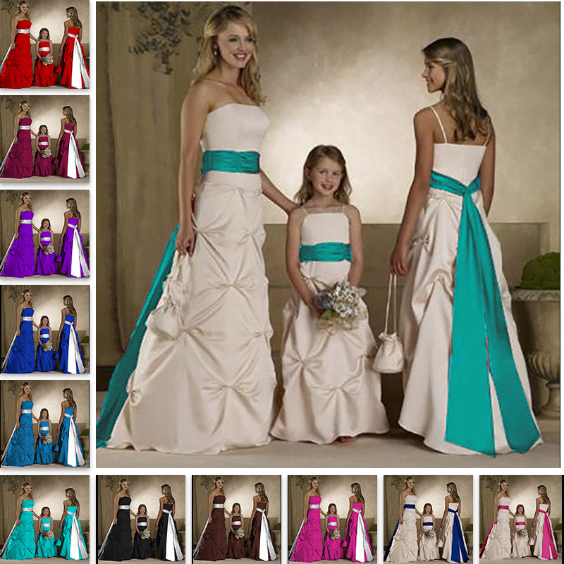 floor length ivory satin flower giirl dresses and junior bridesmaid dresses with long sash belt